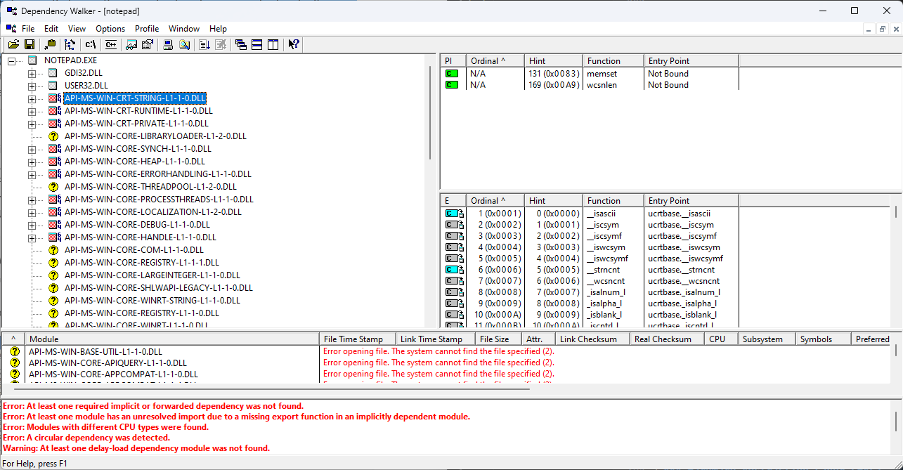 An output window showing dependencies of Notepad.exe